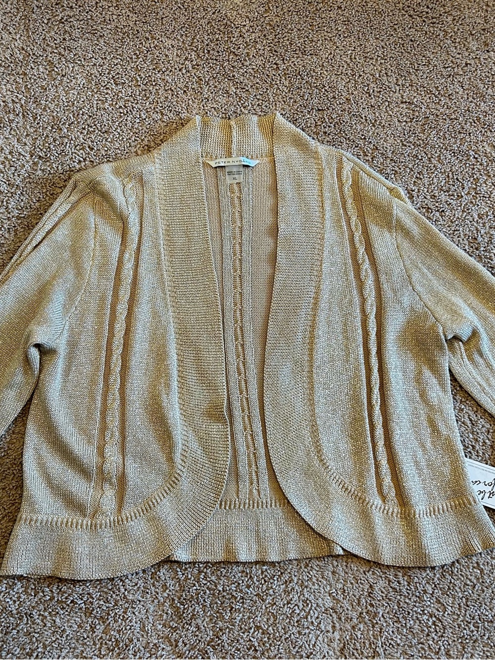 Peter Nygard Light Beige Open-Front Cable-Trim Cardigan